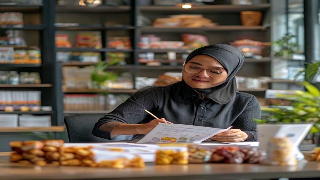 Tim ahli jasa sertifikasi halal memperlihatkan sertifikat halal resmi, membantu bisnis memperoleh label halal.