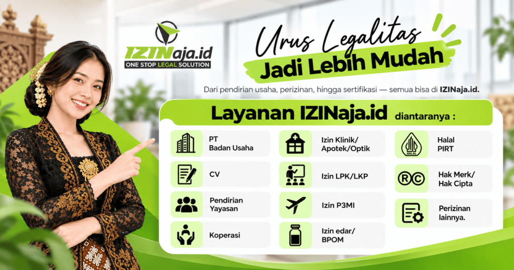 Layanan legalitas usaha IZINaja.id di Pulau Jawa untuk PT, CV, BPOM, halal, HKI, dan perizinan lainnya